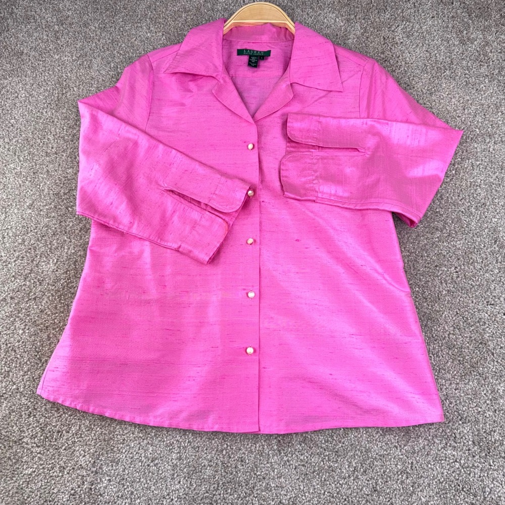 Lauren Ralph Lauren Silk Blouse Womens L Pink Shantung 3/4 Sleeve Button Career - Picture 2 of 10